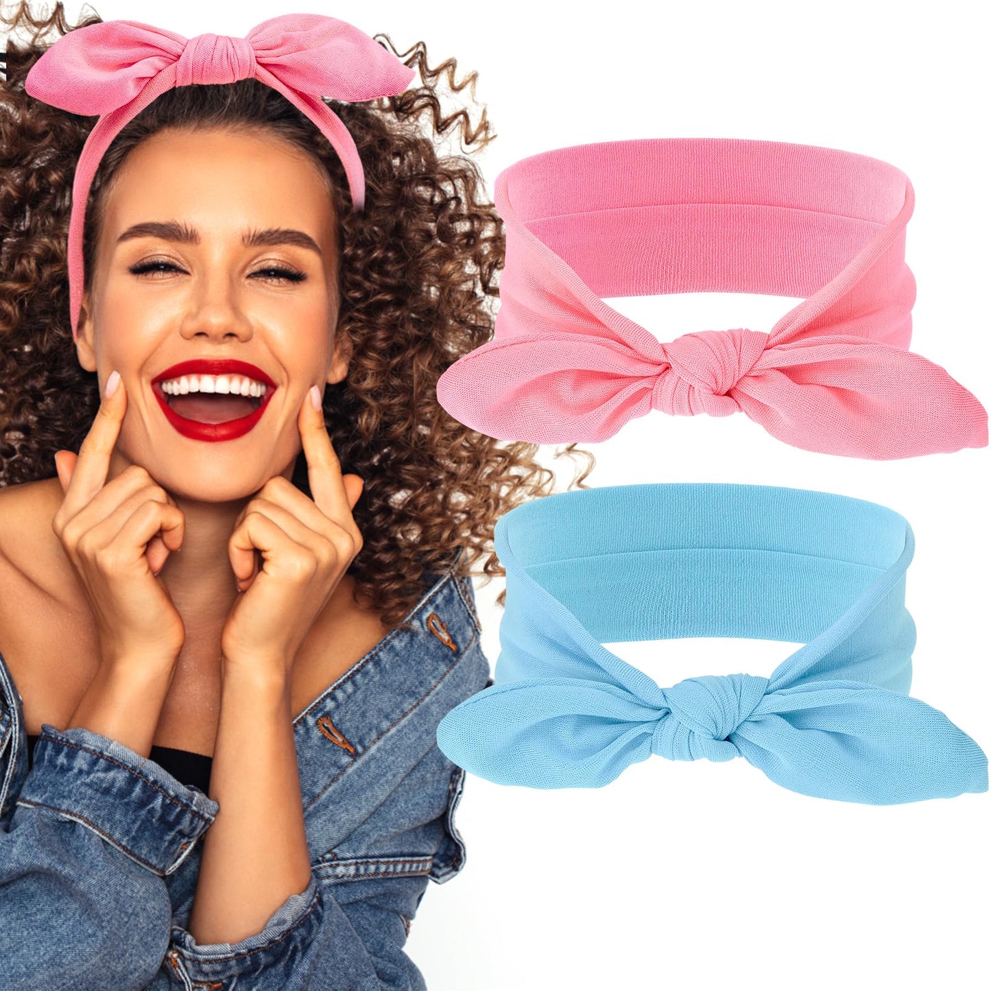 Sibba 2 Pieces Headbands Vintage Rabbit Ear Bow Headwraps Boho Headband Rabbit Ear Hairband Hair Accessories for Women Girls (Pink&Blue)