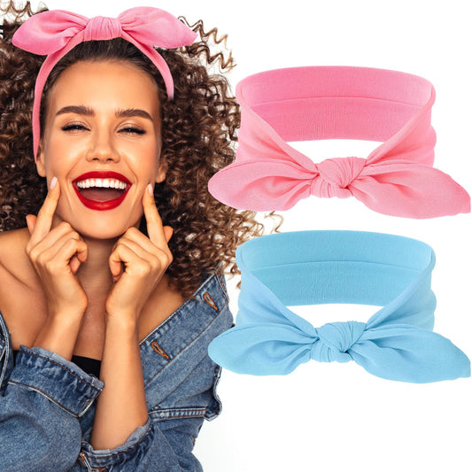 Sibba 2 Pieces Headbands Vintage Rabbit Ear Bow Headwraps Boho Headband Rabbit Ear Hairband Hair Accessories for Women Girls (Pink&Blue)