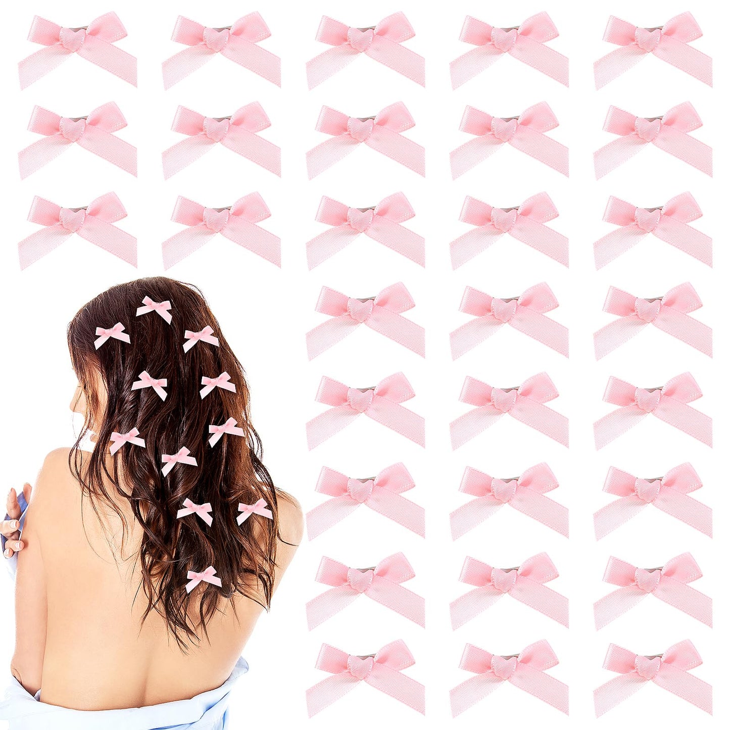 30PCS Bow Hair Clips Satin Mini Bowknot Barrettes Non-Slip Ribbon Hairpins Kawaii Claw Clip Small Pins Metal Sweet Hairstyle Accessories for Women Girl Toddlers(Pink)