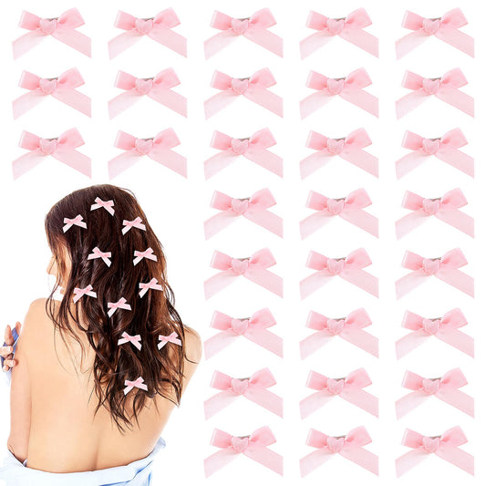 30PCS Bow Hair Clips Satin Mini Bowknot Barrettes Non-Slip Ribbon Hairpins Kawaii Claw Clip Small Pins Metal Sweet Hairstyle Accessories for Women Girl Toddlers(Pink)