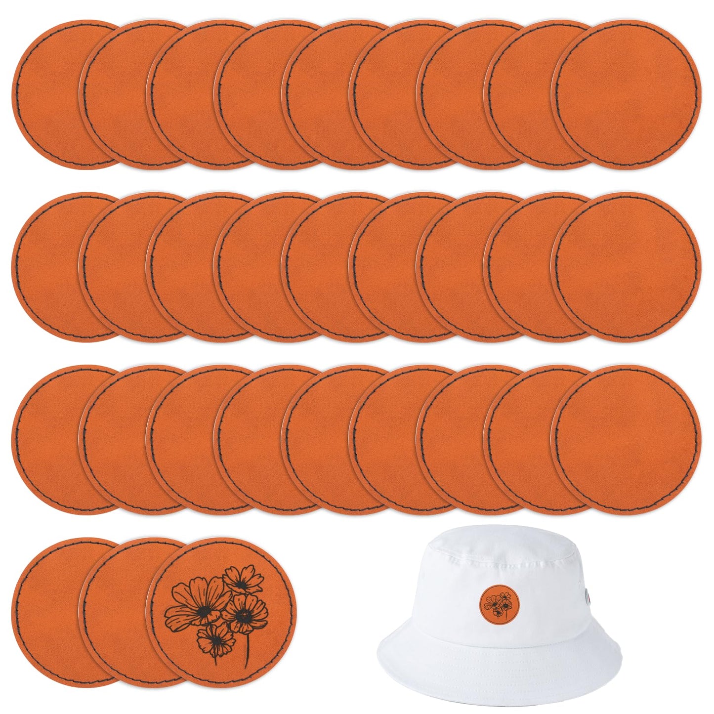 COMNICO 30pcs Blank Leatherette Hat Patches with Adhesive Round Faux Leather Patches Custom Fabric Repair Sew Laser Supplies for Hats Jackets Backpacks (Brown)
