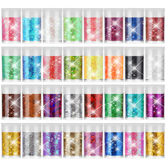Sibba Colorful Glitter, 32 Colors Festival Glitter Mix, Face & Body Iridescent Glitter Flakes, Chunky and Fine Glitter Mix for Cosmetic, Face, Body, Eye, Hair, Nail Art and Rave Festival Parties