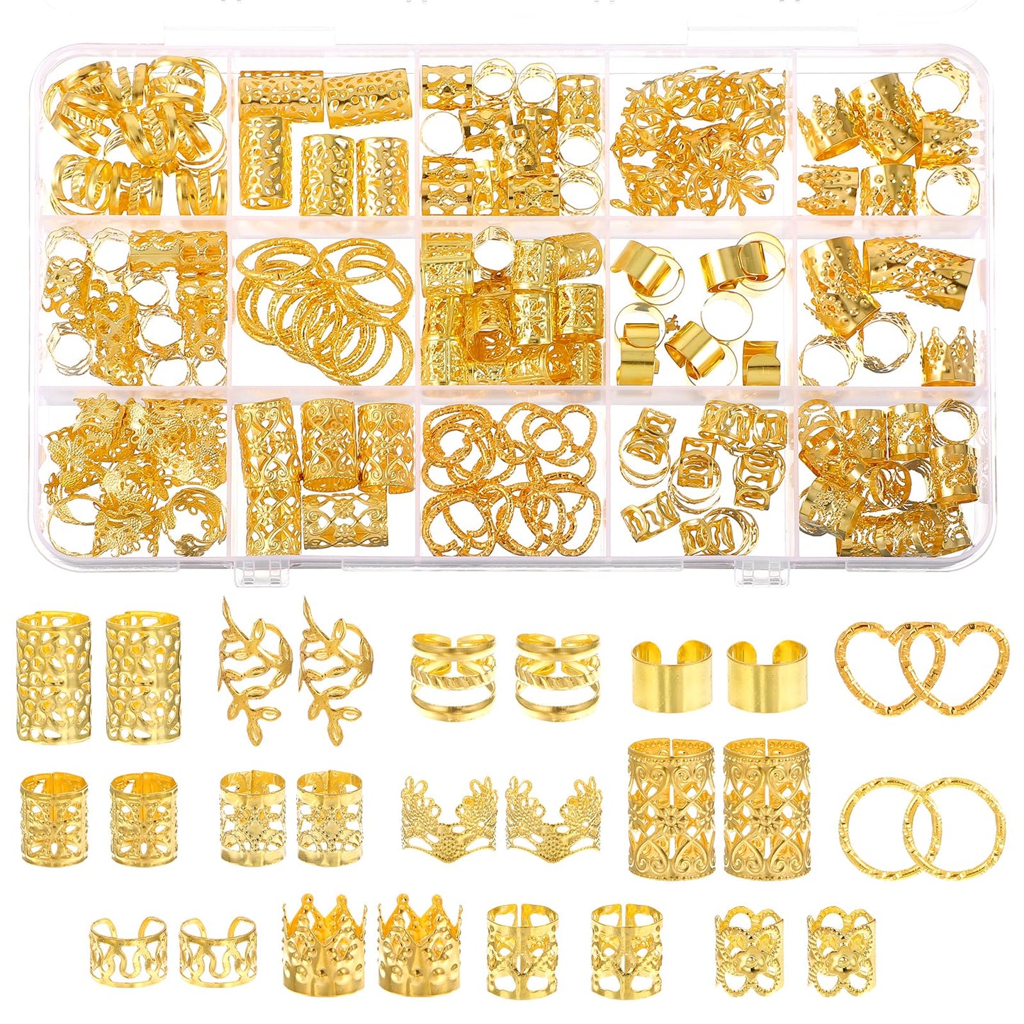 Wanmu 190Pcs Hair Jewelry for Braids, Gold Metal Hair Braids Rings, Adjustable Loc Jewelry Charms Cuffs Clips for Men, Women, Girls Dreadlock Accessories Extensions Decorations