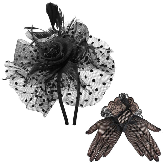 Sibba Fascinators Hat for Women Tea Party Hat and Gloves Set Mesh Feathers Headband Hair Clip Cocktail Hat with Lace Glove 20s 50s Headwear Pillbox Hat for Girls and Women Wedding Carnival Halloween