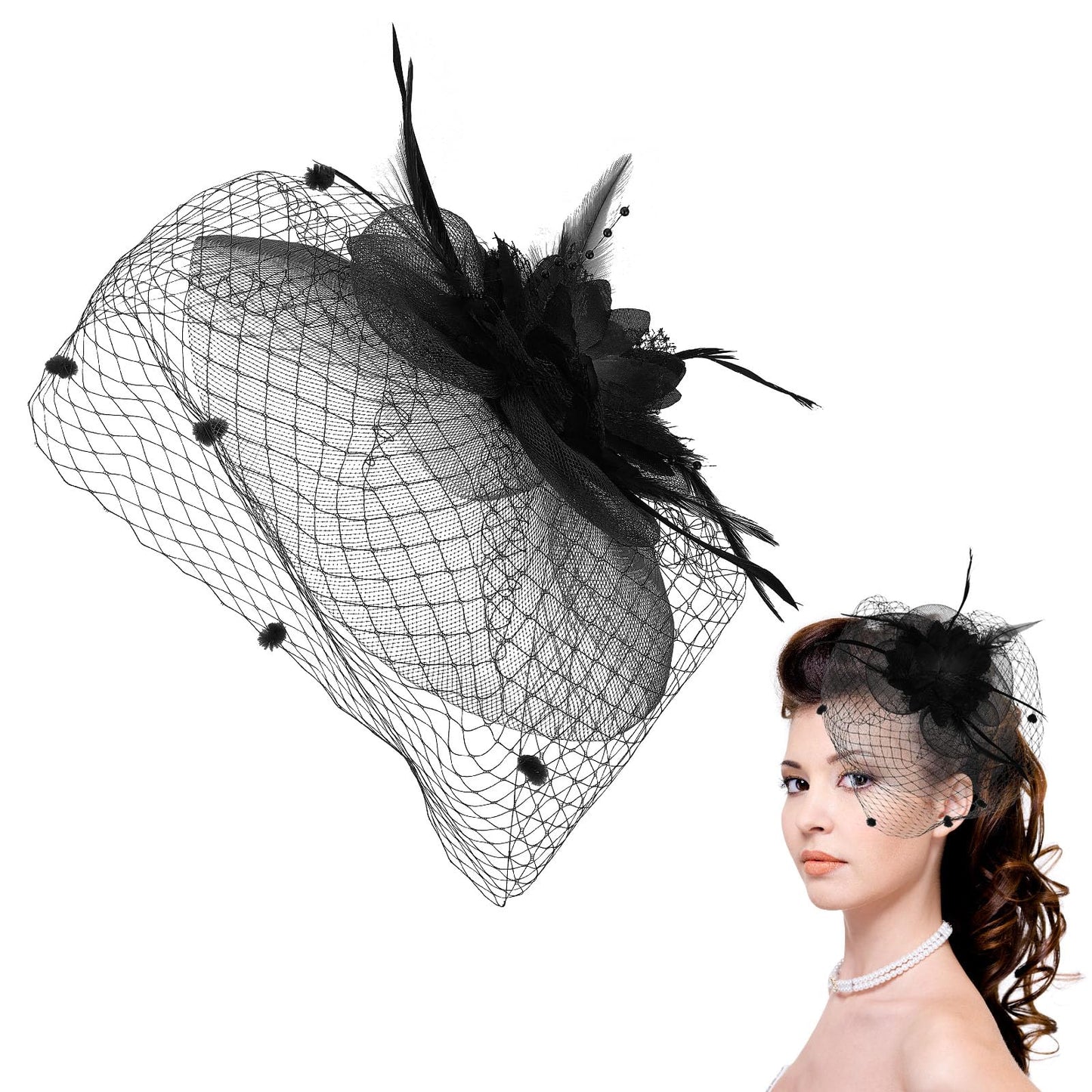 Sibba Fascinator Hat Flower Pillbox Hat Tea Party Clip Headpiece Cocktail Mesh Feathers Headband Hair Accessories for Party Church Wedding(Black)