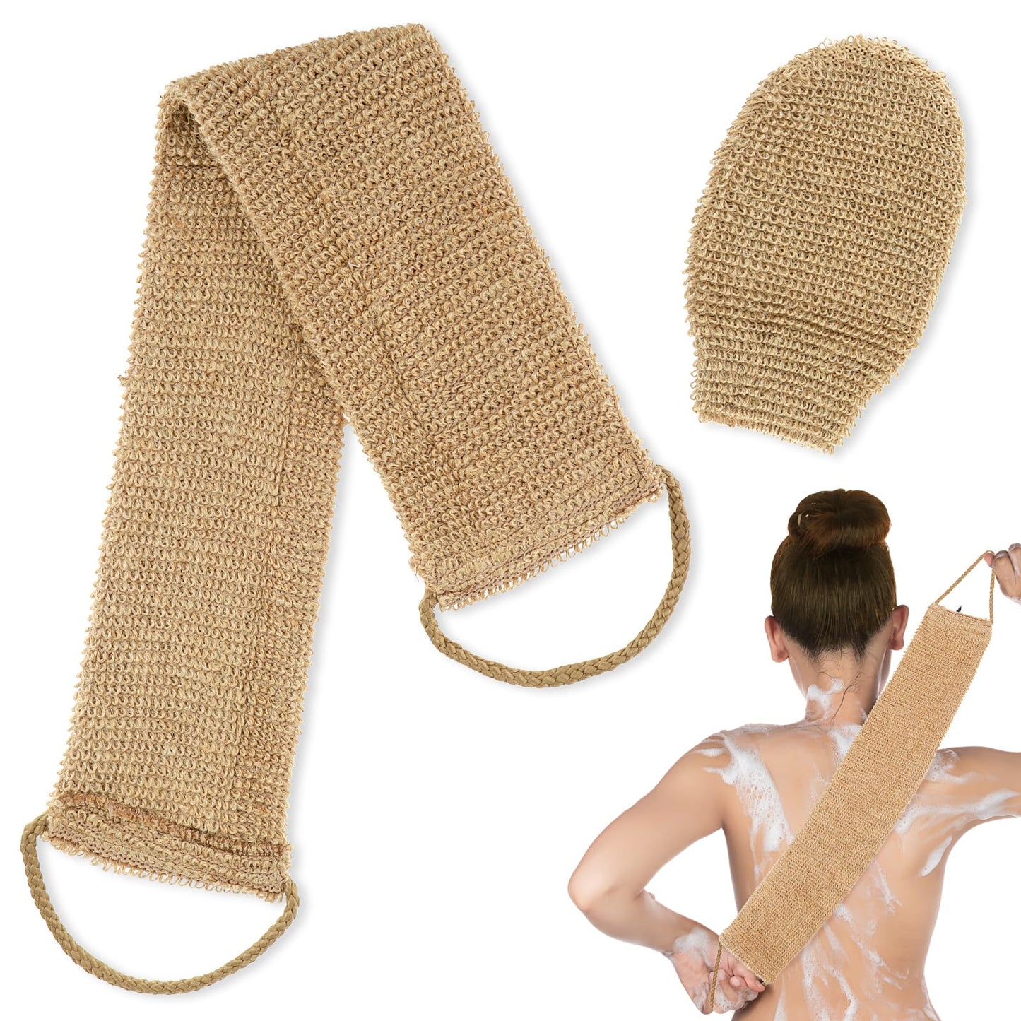 COMNICO 2pcs Exfoliating Body Scrubber Natural Hemp Back Scrubber Exfoliator Loofah Shower Bath Wash Deep Cleaning Glove and Strap Dead Skin Removal for Men Women