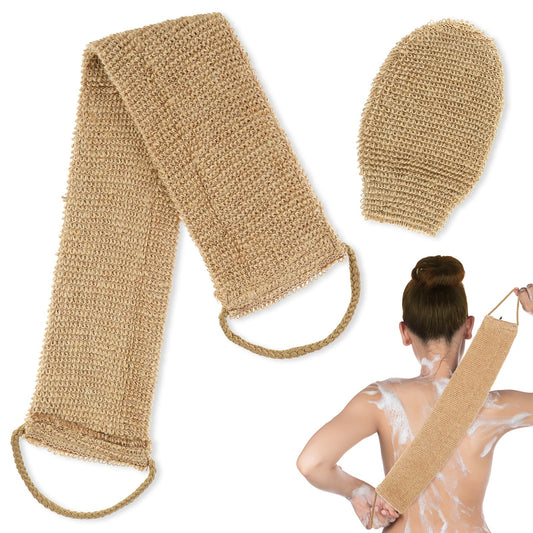 COMNICO 2pcs Exfoliating Body Scrubber Natural Hemp Back Scrubber Exfoliator Loofah Shower Bath Wash Deep Cleaning Glove and Strap Dead Skin Removal for Men Women