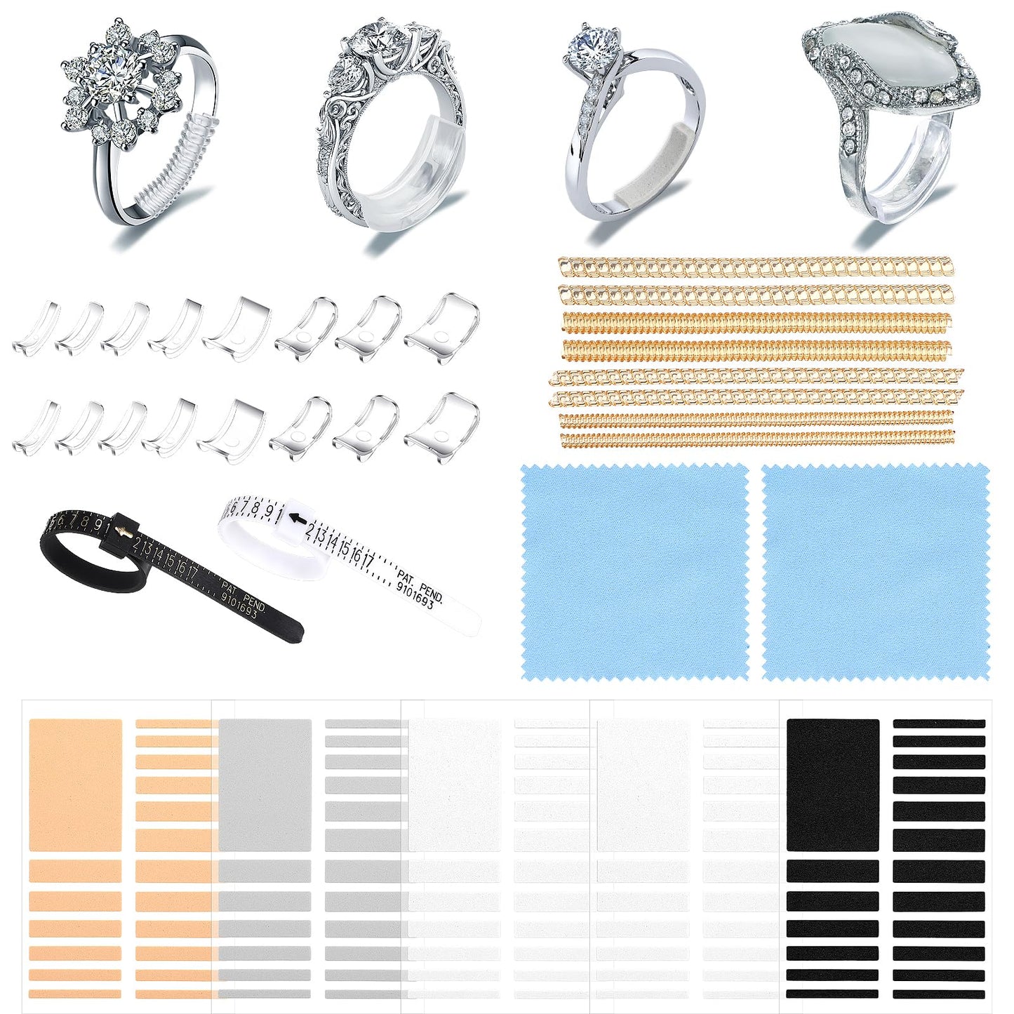 33 Pcs Ring Size Adjuster Set for Loose Rings Transparent Invisible Ring Adapter Kit with Silverware Polishing Cloth Ring Spacer Measuring Ruler Tightener Fits for Wide Rings Women Men