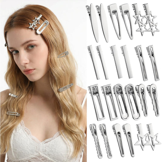 24 Pcs Silver Hair Clips Set Metal Barrettes Wave Heart Star Hair Accessories Alligator Clips Cool Hairpin for Women Styling Charm