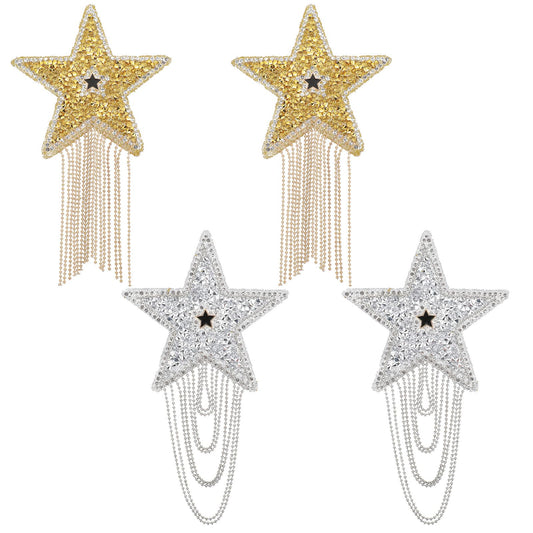 COMNICO DIY Rhinestone Star Repair Patch, 4Pcs Iron on Patches with Chains Tassel Fashion Appliques Badge Sparkling Clothes Repair Patches for Clothes Dress Pants Jeans Hats Clothing Embellishment