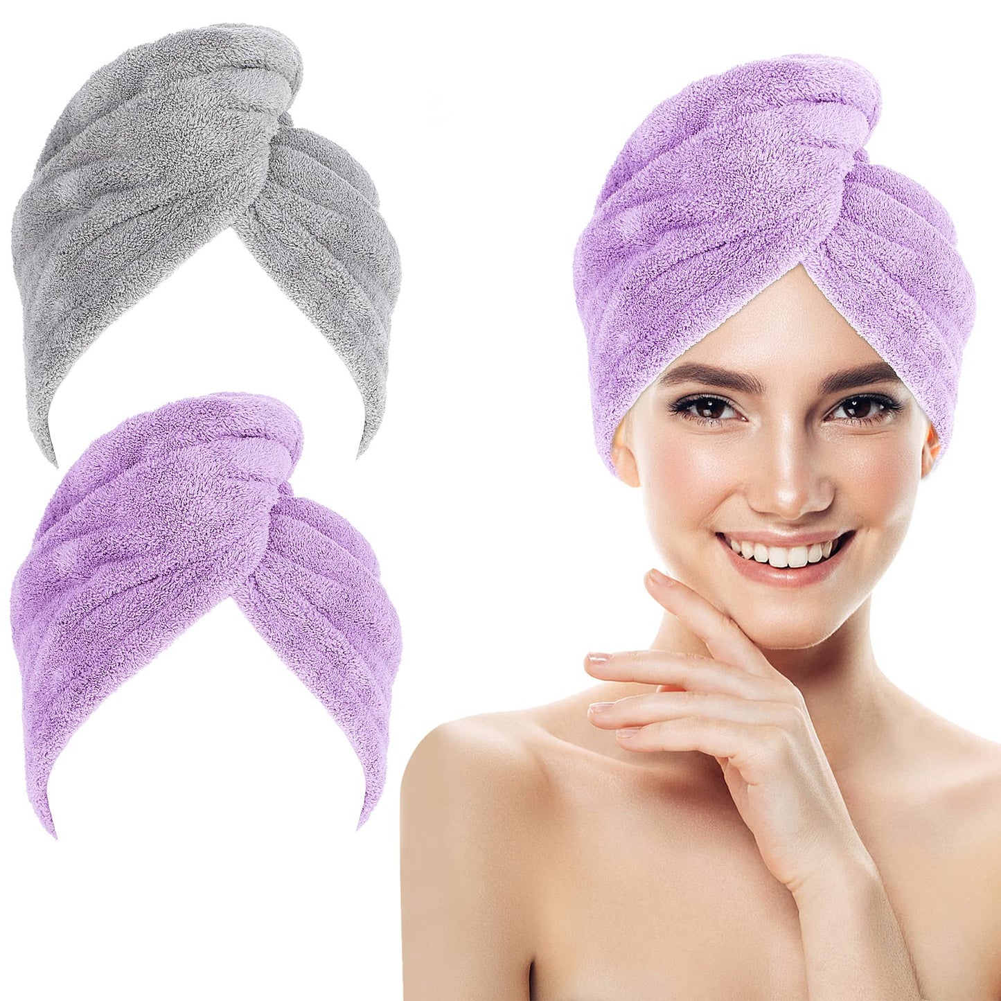 Sibba 2 Pack Hair Drying Towels, Microfiber Hair Turbans for Wet Hair, Super Absorbent Fast Dry Hair Turban Wrap for Drying Curly Long Thick Hair Anti Frizz(Purple)