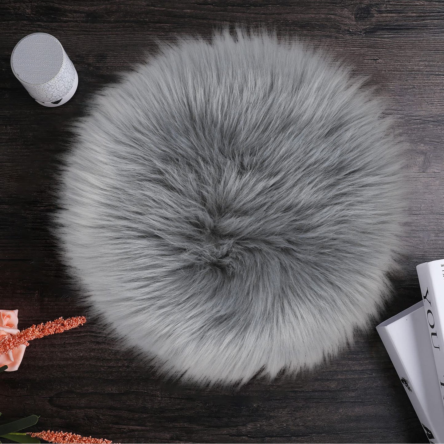 Sibba Fluffy Area Rug Chair Carpet 12 inch Round Fuzzy Faux Fur Seat Cushion Pad Baby Photoshoot Props For Bedroom Living Room Nail Art Decor (Grey)