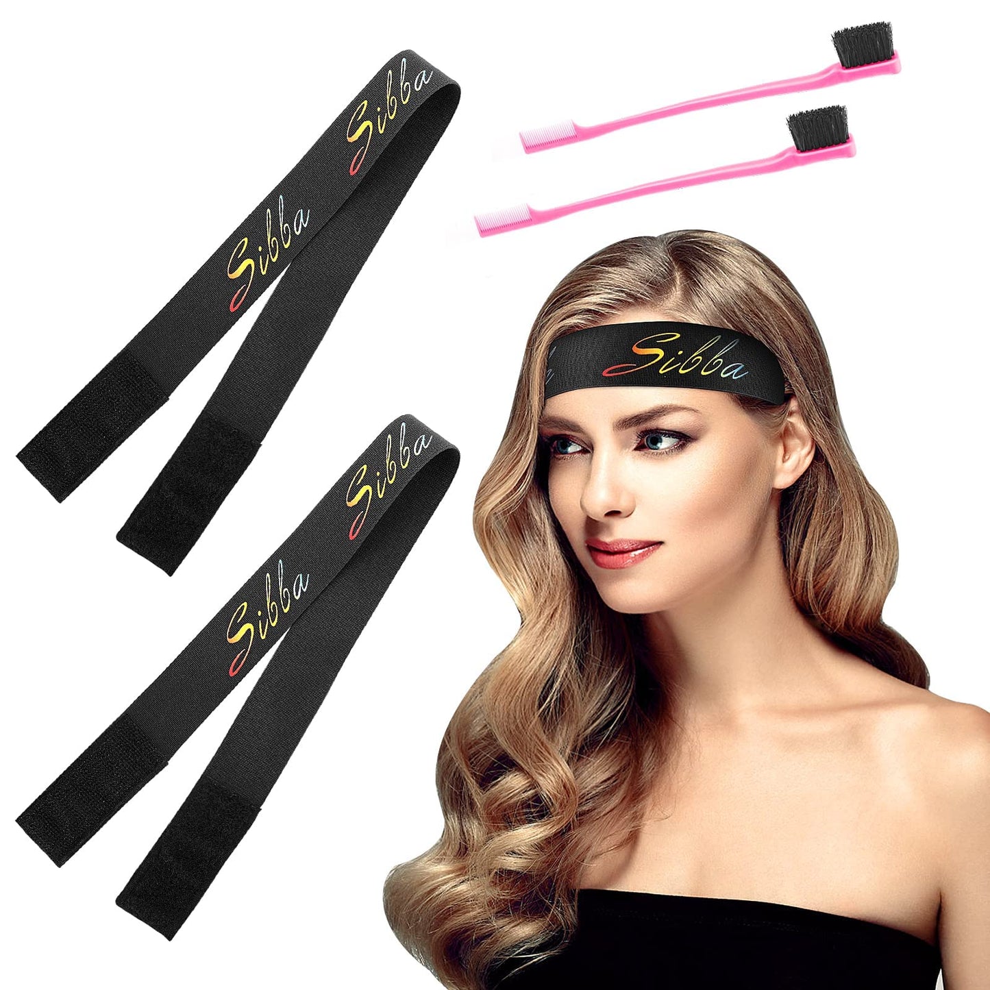 Sibba 2 Packs Elastic Wig Band for Fixed Keeping Hairline Hair Wigs in Place Nylon Edges Bands Headbands Anti-slip Lace Melting Closure Frontal Melt Wrap Lay ScarfHolder (Black & Brush Set)