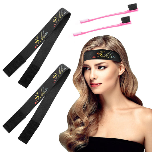 Sibba 2 Packs Elastic Wig Band for Fixed Keeping Hairline Hair Wigs in Place Nylon Edges Bands Headbands Anti-slip Lace Melting Closure Frontal Melt Wrap Lay ScarfHolder (Black & Brush Set)