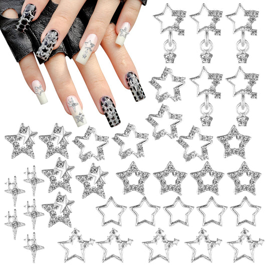 35Pcs Star Nail Charms 7 Styles 3D Silver Alloy Nail Accessories Rhinestones Shiny Nail Decor Supplies Nail Jewelry Gems Art Charms Set for Manicure Craft Design Face Makeup DIY Handicraft