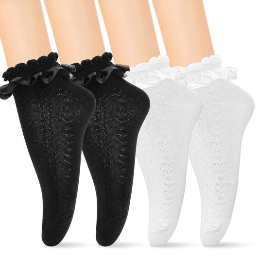 COMNICO Lace Ruffle Ankle Socks, 2 Pairs Cotton Frilly Ribon Trim Socks for Women (Flower, Cotton)