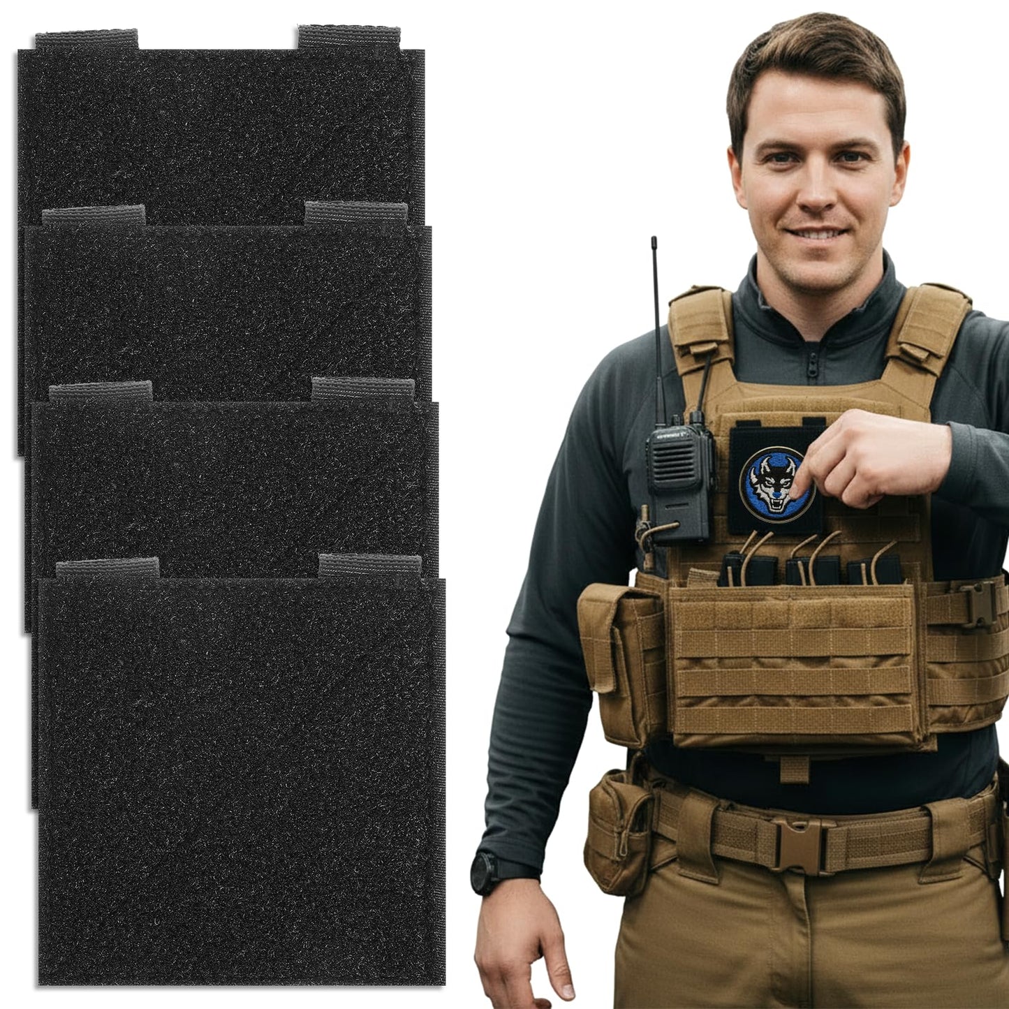 Gsbnjuy 4Pcs Hook & Loop Panel, Mounting Placard Platform for Hook-Backing Pouch, Patch Panel Attachment for Patch and Backpack Badges and Insignia Patches (4″x 4″)