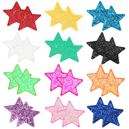 Wanmu 24Pcs Star Iron on Patches for Hats, Small Sequin Stars Patch, Shiny Embroidery Patches for for Clothes, Dress, Socks, Jeans, DIY Accessories