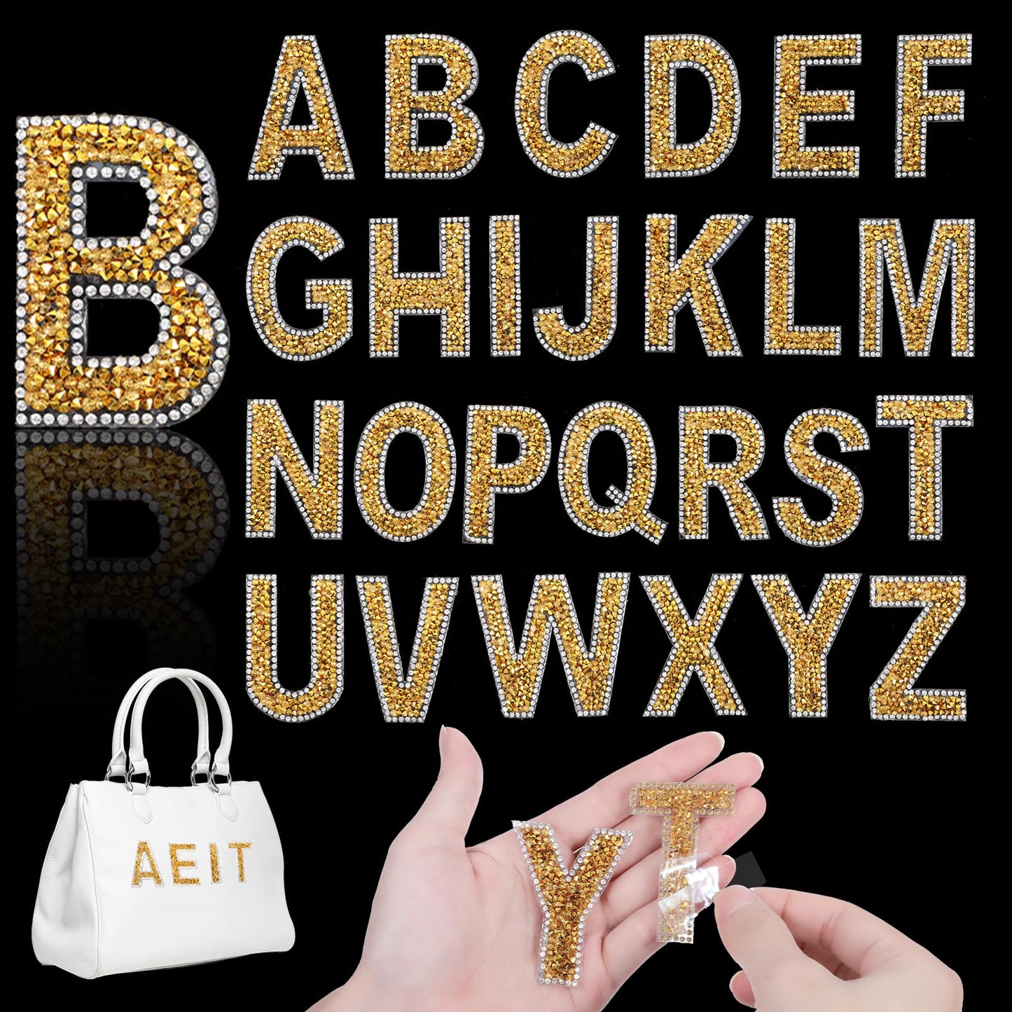 Wanmu 54Pcs Glitter Rhinestone Alphabet Letter Stickers, Self Adhesive Crystal Rhinestone A-Z Letter, Alphabet Patches Iron on Appliques for Art Clothing DIY Works