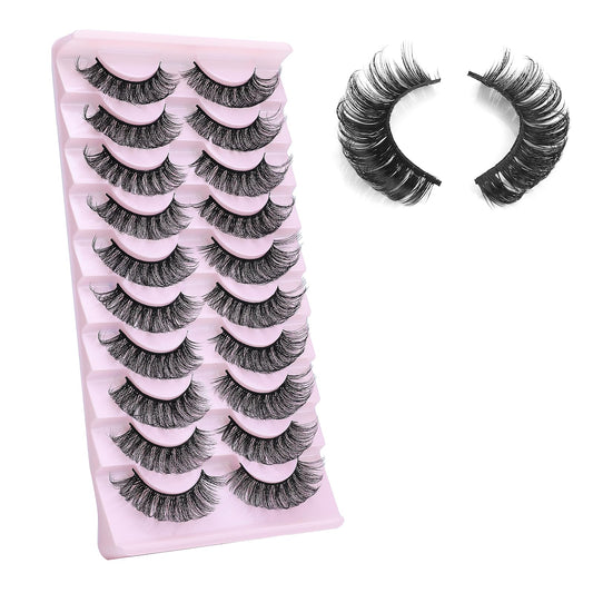Sibba Russian Strip False Eyelashes, Fluffy & Wispy Faux Mink Curl Lashes, D Curl Natural Look False Eyelashes, Pack of 10 Pairs Cat Eye False Russian Lashes