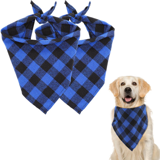 Boy Dog Bandana Large 2pcs Blue Black Dog Scarf Wedding Photo Prop Triangle Pet Scarf Washable Handkerchief Premium Plaid Printing Adjustable Bib Accessories for Medium Large Dogs Cats