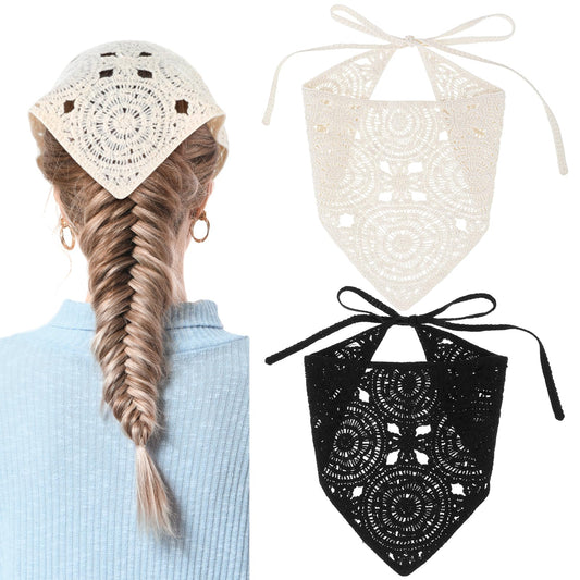 2PCS Floral Crochet Headbands for Women, Crochet Bandanas Headbands Hairbands Head Scarf Hair Scarf for Women Girls Knitted Floral Hair Accessories for Hair Styling Decor (Beige, Black)