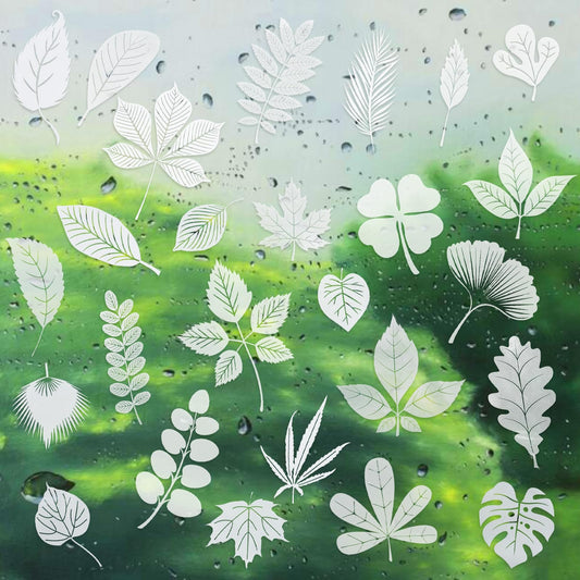 26 PCS White Leaves Stickers Leaf Window Bird Decals Double Sided Alert Static Clings Anti-Collision Reusable Glass Decoration to Prevent Bird Strikes for Door Window