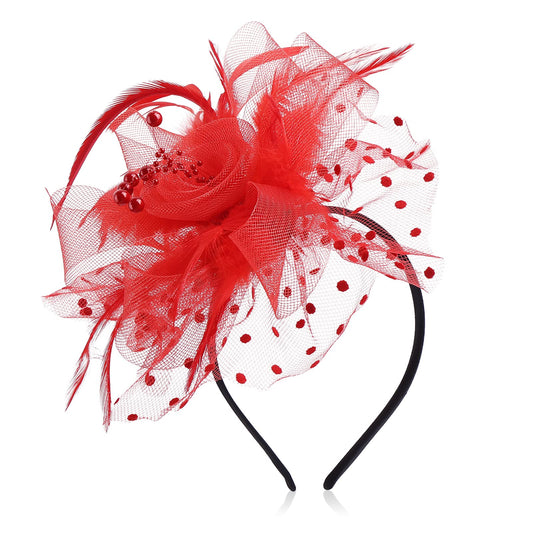 Sibba Women's Fascinator Hat Flower, Mesh Feathers Headband, Tea Party Clip Headpiece, Hair Accessories for Party Church Wedding for Women Girls (Red)