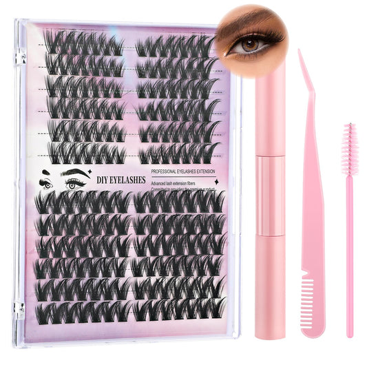 Dimeho 168 Pcs D Curl Cluster Lashes Individual Lashes DIY Eyelash Extension Kit 30D/40D Mixed Wispy Volume False Eyelash with Tweezers Bond Seal Glue Easy to Apply at Home