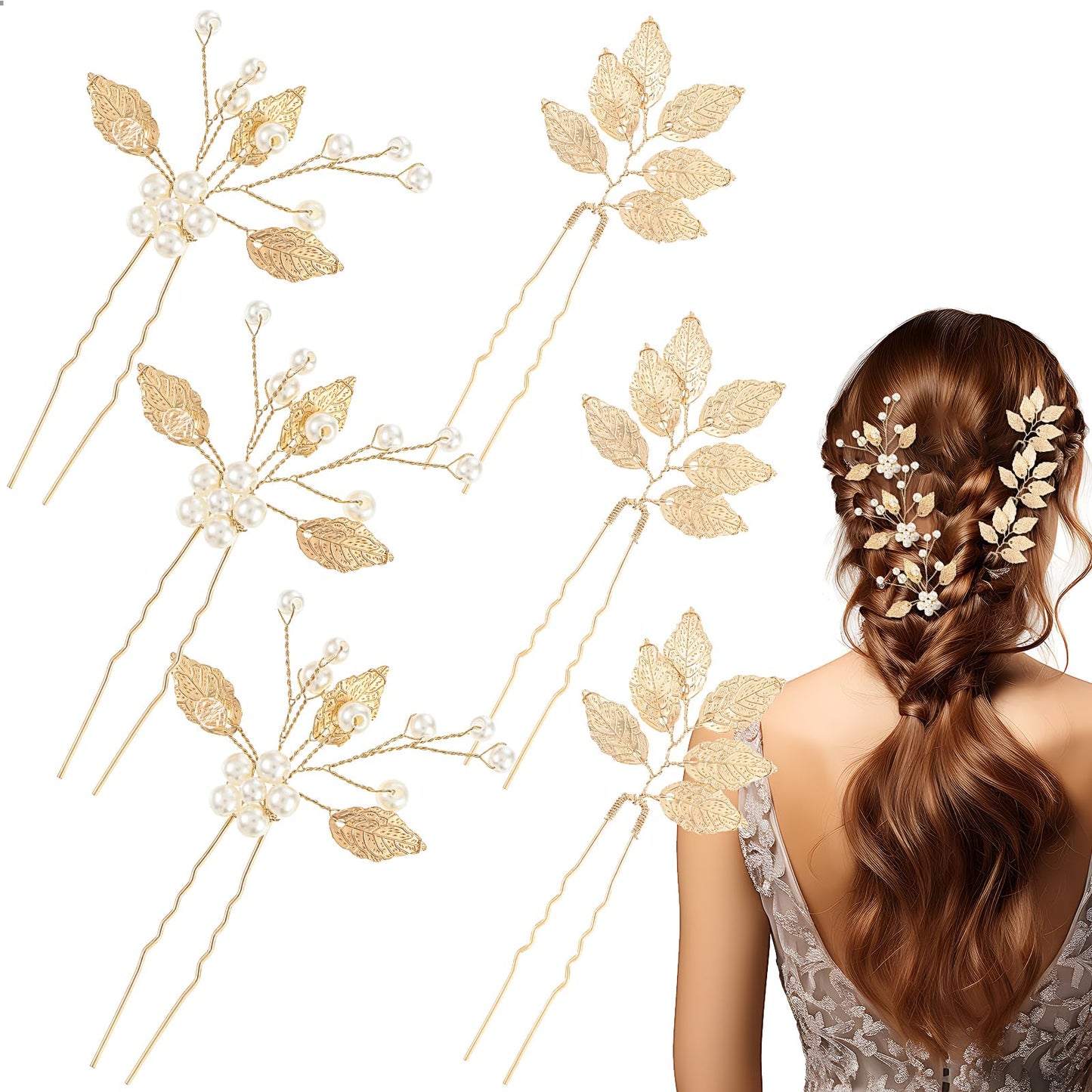 Dimeho 6 Pcs Wedding Hair Pins, Brides Hair Accessories for Women Wedding Gold Leaf Floral Crystal Pearl Hair Styling Pins Flower Hair Clips Headpiece Decorative for Bridal Bridesmaids (Gold)