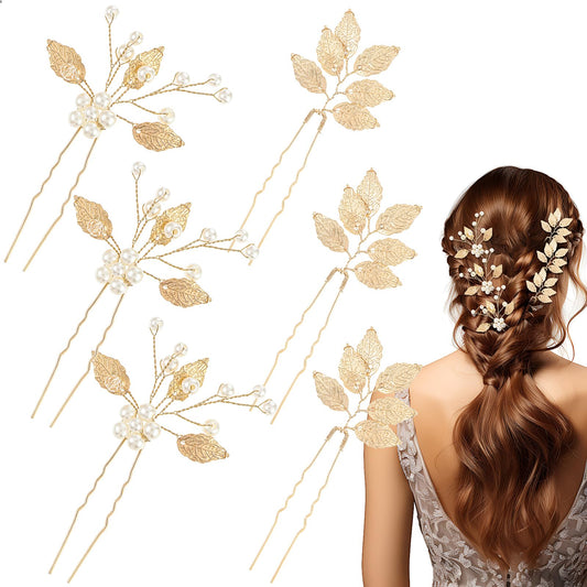 Dimeho 6 Pcs Wedding Hair Pins, Brides Hair Accessories for Women Wedding Gold Leaf Floral Crystal Pearl Hair Styling Pins Flower Hair Clips Headpiece Decorative for Bridal Bridesmaids (Gold)