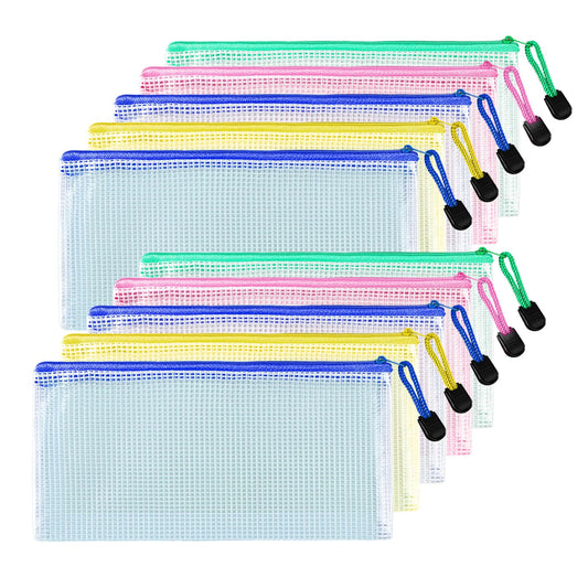 Dimeho 10PCS Mesh Zipper Pouch Zipper Bags for Organizing Storage, Zipper File Bags PVC Document Bag A6 Size Plastic Document Pockets Storage Bags for Office Supplies