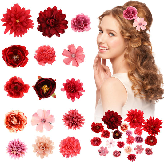 21 Pieces Flower Hair Clips Rose Flower Hair Barrettes Boho Bride Claw Clip Hawaiian Artificial Flower Hairpin Clip Brooch Pin Headpiece Hair Accessories for Girls Wedding Party (red)