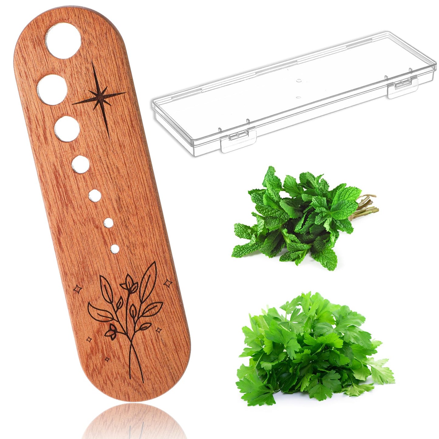 ElevateTech Wooden Vegetable Leaf Separator 7 Hole Sizes Pottery Vegetable Leaf Stripper Tool Multi-Purpose Kale, Rosemary, Parsley, Coriander, Thyme Remover Stripping Kitchen Gadget with Case, Brown
