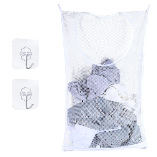 Sibba Hanging Laundry Hamper Bag Portable Laundry Bag Large Foldable Wall Hanging Laundry Basket Space Saving with 2 Adhesive Hooks Zipper Wide Open Top for Dirty Clothes Organization Storage