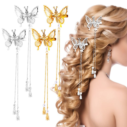 Sibba 4 Pcs Butterfly Hair Clips Pins, Alloy Glitter Barrettes Tassel 3D Moving Butterfly Hairpins French Side Hollow Metal Cute Clip for Women Girls Wedding Hair Fashion Accessories (Gold + Silver)