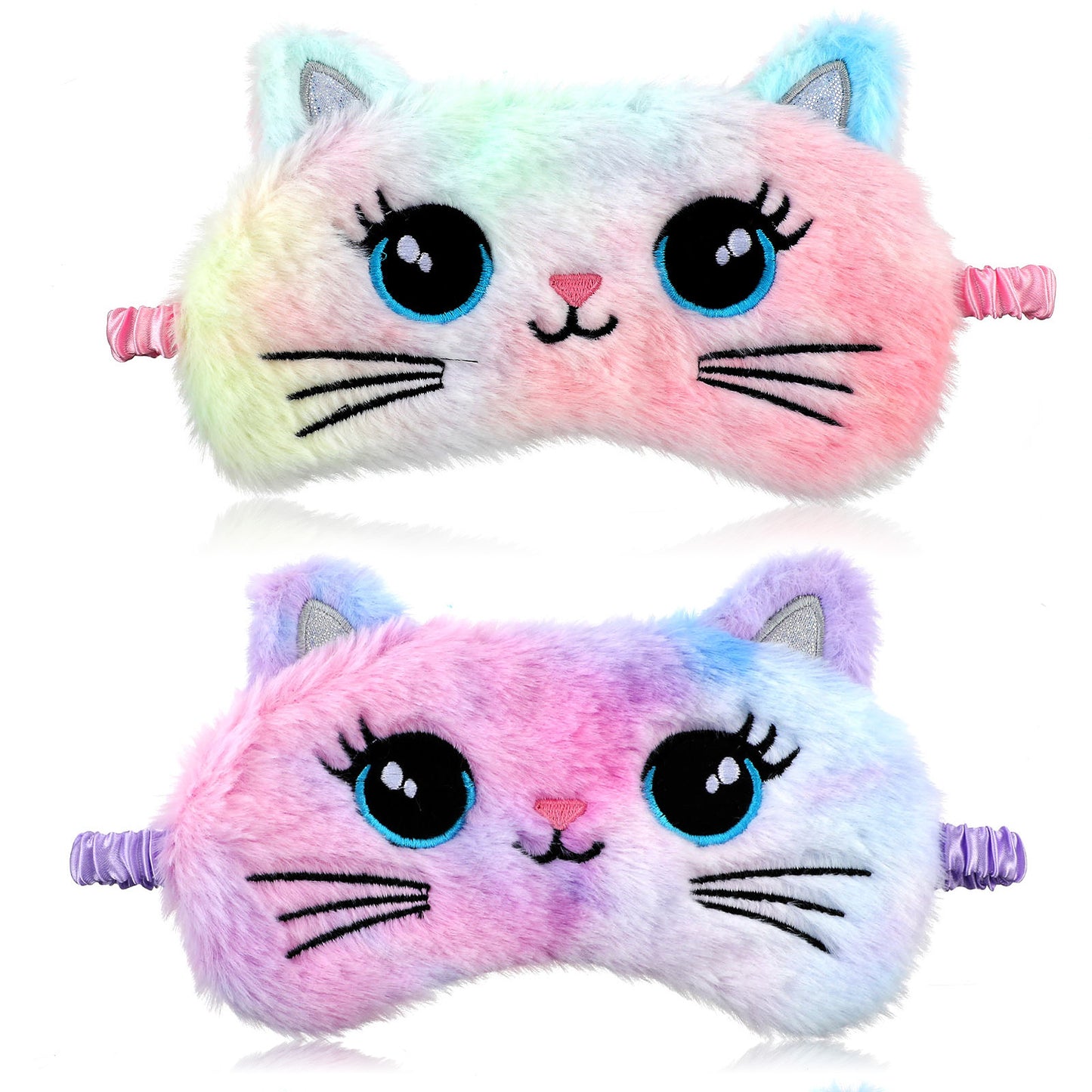 Wanmu 2 Pcs Sleep Mask for Kids, Soft Fuffy Plush Sleeping Eye Shade, Comfortable Cute Animal Blindfold Eye Cover for Women, Men and Kids Travel Nap Sleeping (Cat)