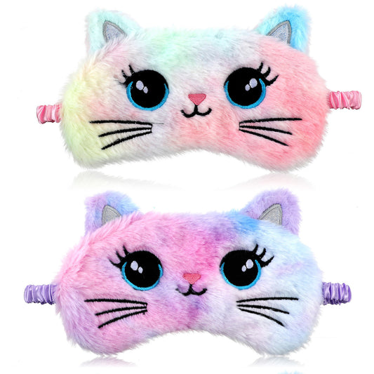 Wanmu 2 Pcs Sleep Mask for Kids, Soft Fuffy Plush Sleeping Eye Shade, Comfortable Cute Animal Blindfold Eye Cover for Women, Men and Kids Travel Nap Sleeping (Cat)