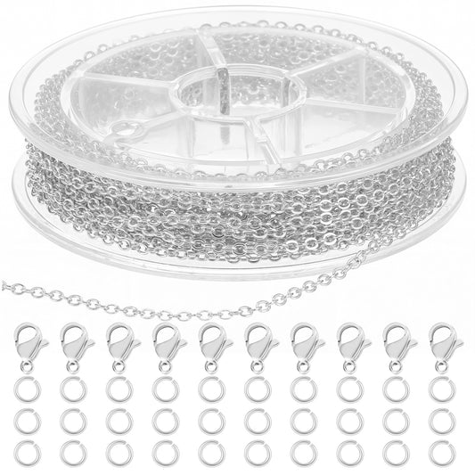 Wanmu 2 Pcs 16ft Stainless Steel Silver Chain for Jewelry Making Supplies, 1.5M Non Tarnish Necklace Link Cable Chains Roll with 20 Lobster Clasps, 60 Jump Rings for Men Women Charm Bracelet Craft DIY