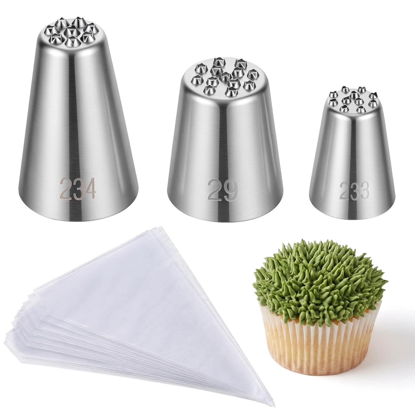 3 Pcs Grass Piping Tips Cake Decorating Tips Stainless Steel Frosting Icing Tip Large Icing Nozzles Tip Decoration Tool with 10 Pcs Piping Bags for Cupcakes Cookie Cake DIY Baking Buttercream Pastry