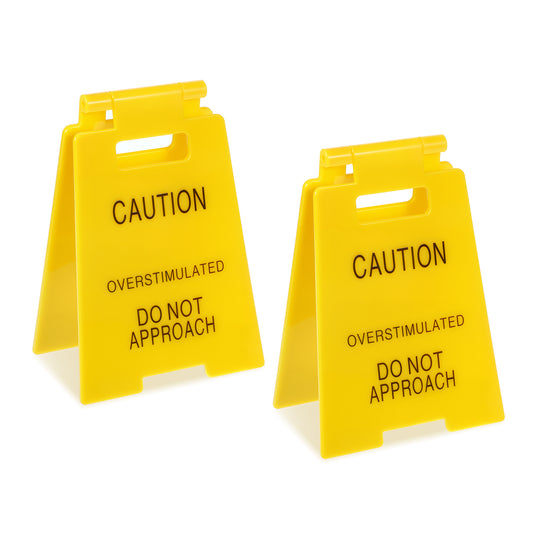 2 Pcs Caution Overstimulated Desk Signs Funny Office Desk Warning Sign Humor Team Gag Prank Gifts Mini Office Cubicle Accessories for Coworkers Boss Colleagues Teammate Manager Work Decoration
