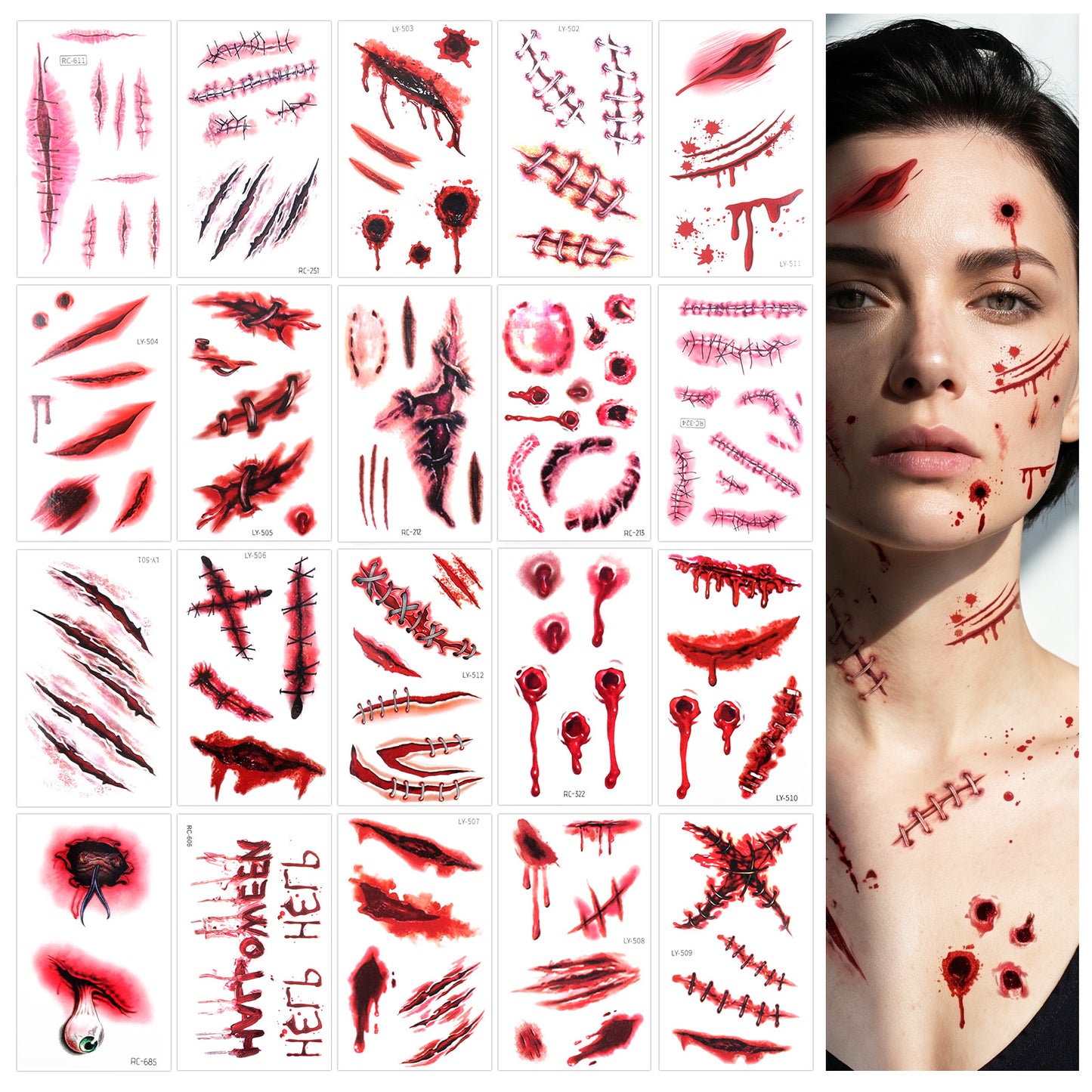 Hpmjz 20pcs Halloween Body Fake Blood Tattoos Horror Realistic Bloody Wound