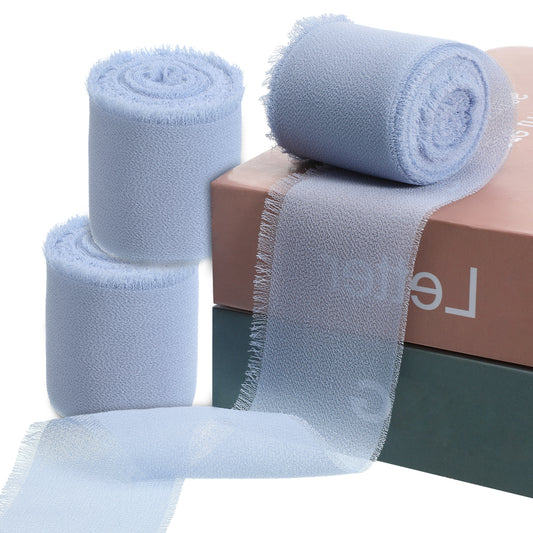 3 Rolls Light Blue Chiffon Ribbon 1.5 Inch 15 Yards Fringe Fabric Ribbon Package Handmade Cotton Frayed Fringe Ribbons for DIY Crafts Crafts Gift Wrapping Home Decor Bridal Bouquets Wedding Invitation