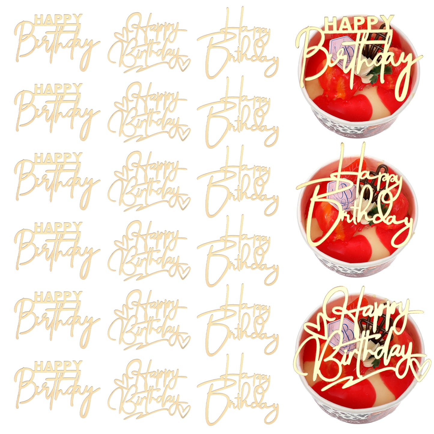 18 Pcs Happy Birthday Cake Topper Gold Mirror Acrylic Cupcake Topper Happy Birthday Sign Gold Inserts Cakes Decorating Supplies Glitter Side Golden Cakes Toppers for Birthdays Party Cake Dessert