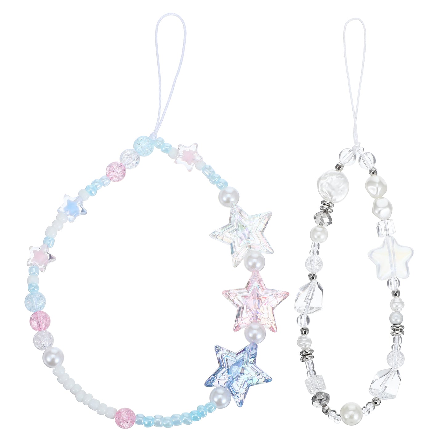 COMNICO Phone Charms Strap, 2Pcs Beaded Phone Charms Beaded Camera Wrist Strap Cute Star Pearl Bracelet Wrist Strap Lanyard Phone Keychain Decoration for Women Gifts
