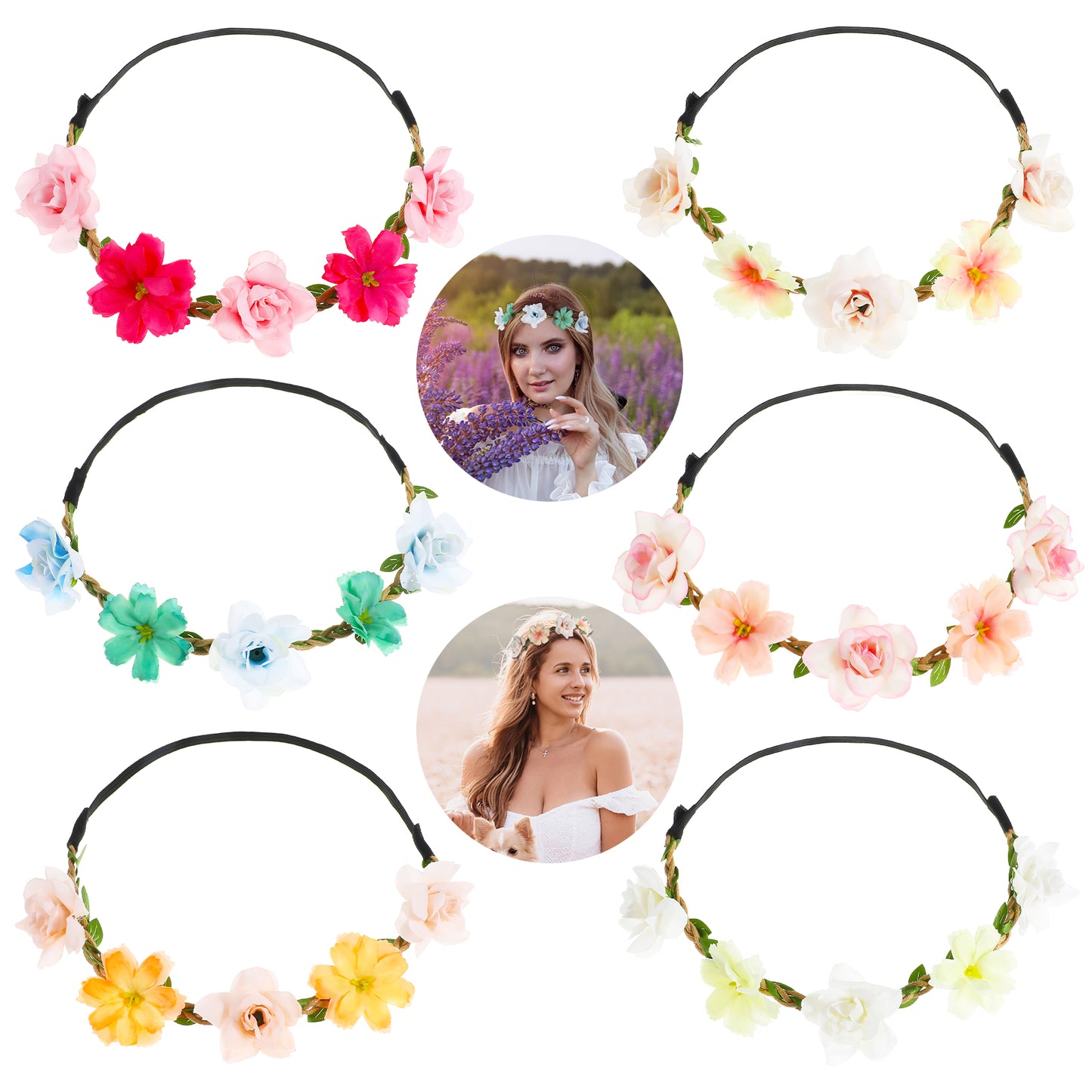 Wanmu 6Pcs Flower Crown for Women Girl, Fairy Bridal Crown Headbands Headpiece, Boho Floral Hair Wreath Accessories for Brides, Bridesmaids, Wedding, Ceremony, Party, Festival