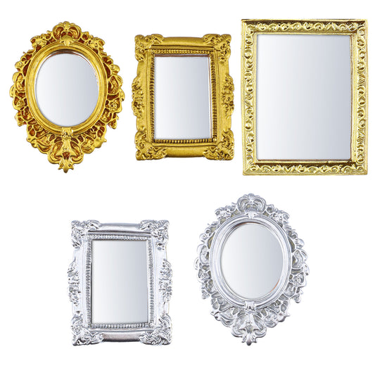 Sibba Mini Picture Frames 5 PCS Vintage Dollhouse Mirrors with Carved Golden Edges European Baroque Wall Decor Miniature Furniture Accessory for 1/12 Dollhouse Display Christmas Home Decor Gold&Silver