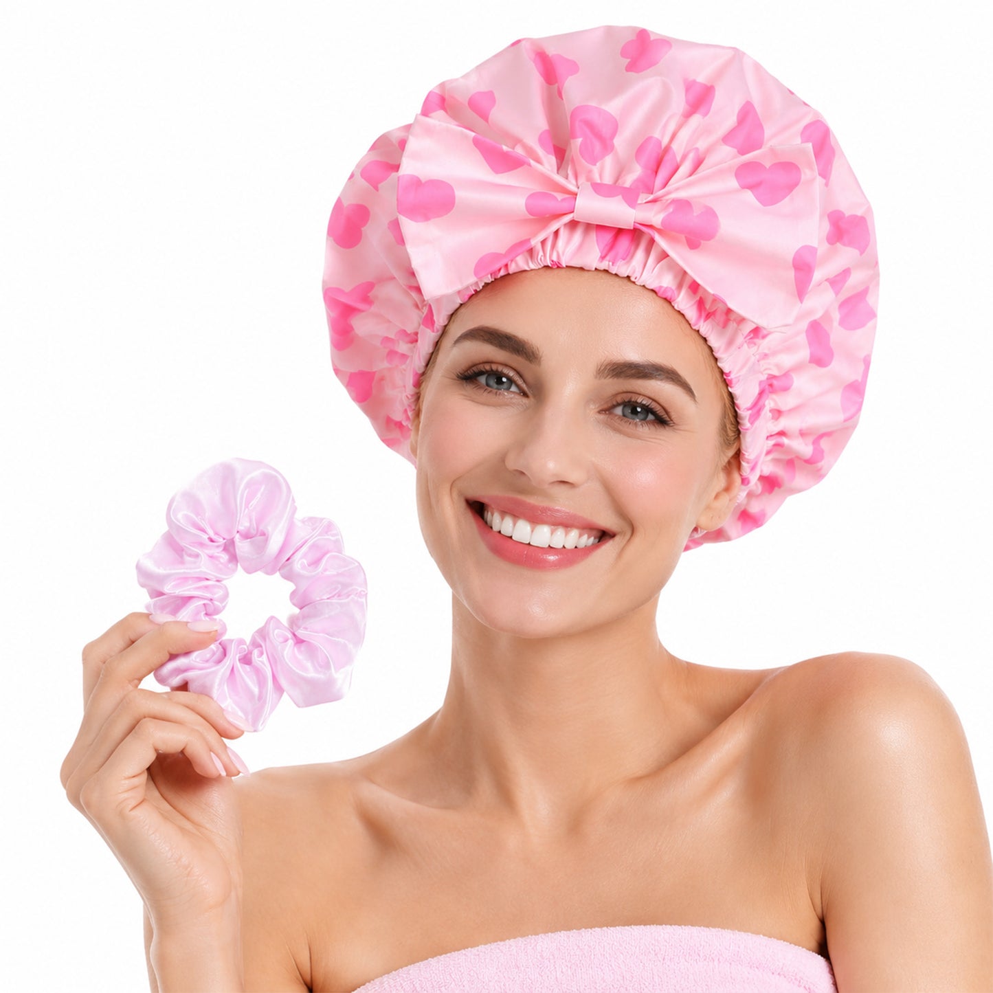 Hadnves Extra Large Shower Cap Waterproof Double Layer Bath Cap Satin Lining Pink-bow Caps Secure Elastic Tie Band for Women Long Thick Braids Curls Extensions Hair Night