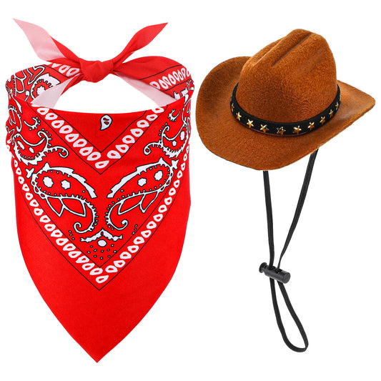 COMNICO Pet Cowboy Costume for Dogs Cats Halloween Hat Bandana Scarf Set