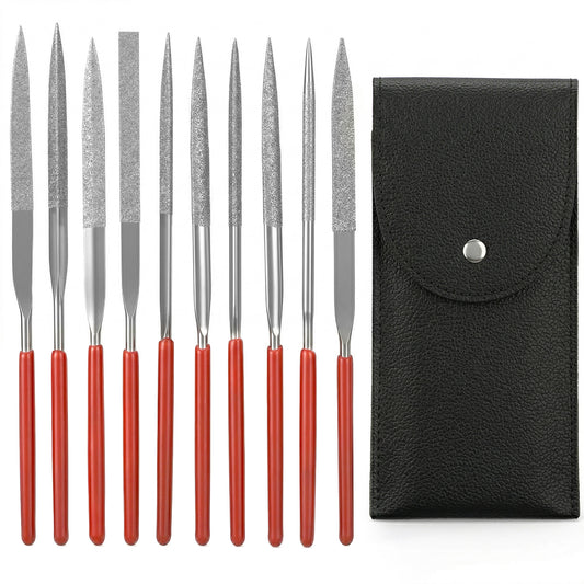 11 Pcs Mini Diamond Needle File Set Small Metal Riffler Files Jewelers File Precision Hand Tools with Leather Case for Glass Wood Stone Jewelry Plastic Carving Round Triangular Square Flat Shape